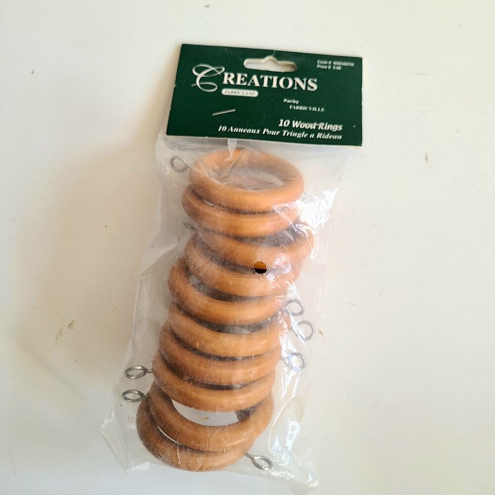 Vintage Creations Fabricland wooden curtain rings in original package.